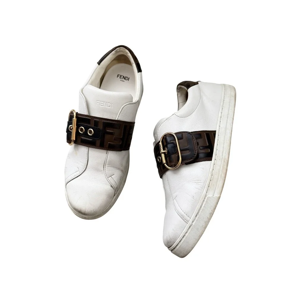 Fendi FF Logo Sneakers Womens 39 White Pre-owned Buckle Strap